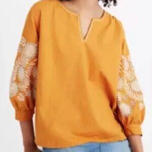 Madewell Embroidered Sleeve Popover Top Size S Mustard Orange Flowery Blouse